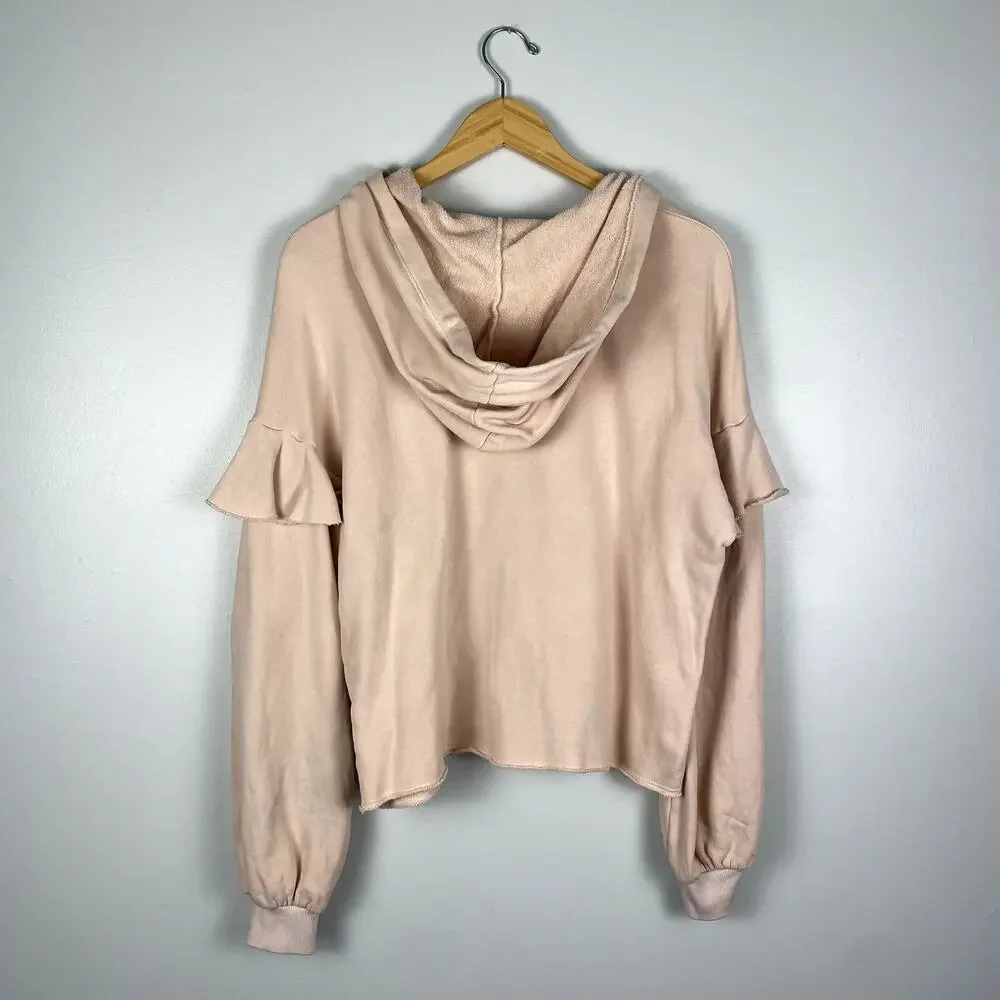 Nation LTD Ruffle Trim Hooded Sweatshirt in Light Pink Small - Picture 7 of 7